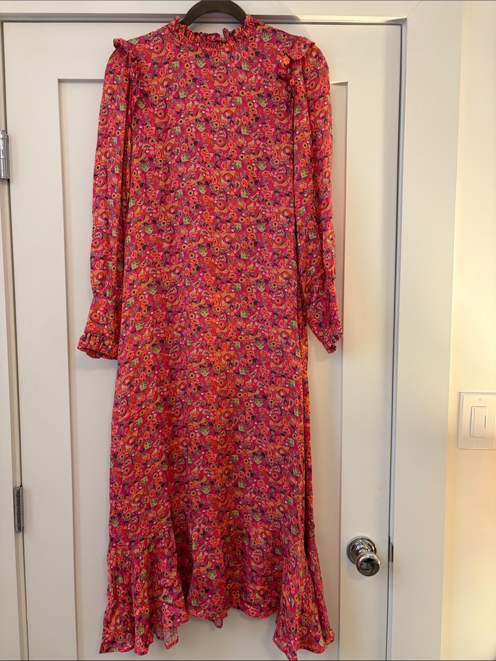 Cath Kidston size 8 Women's Pink Floral Midi Dress with Ruffle Neck